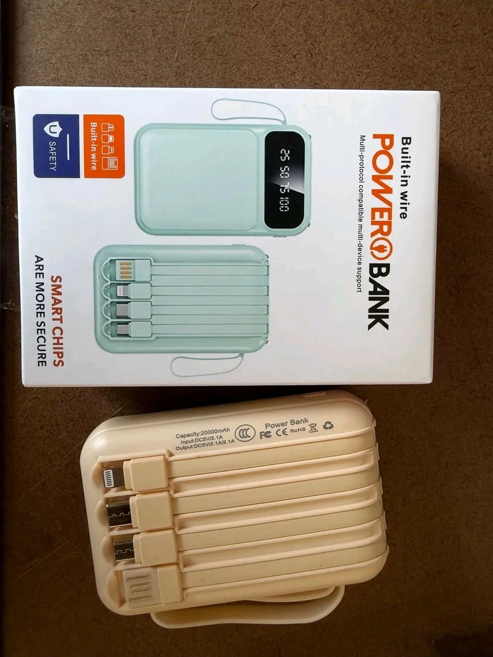 10000mAh YELLOW  Power Bank with Digital Display - Built-in Cables FACTORY SEAL